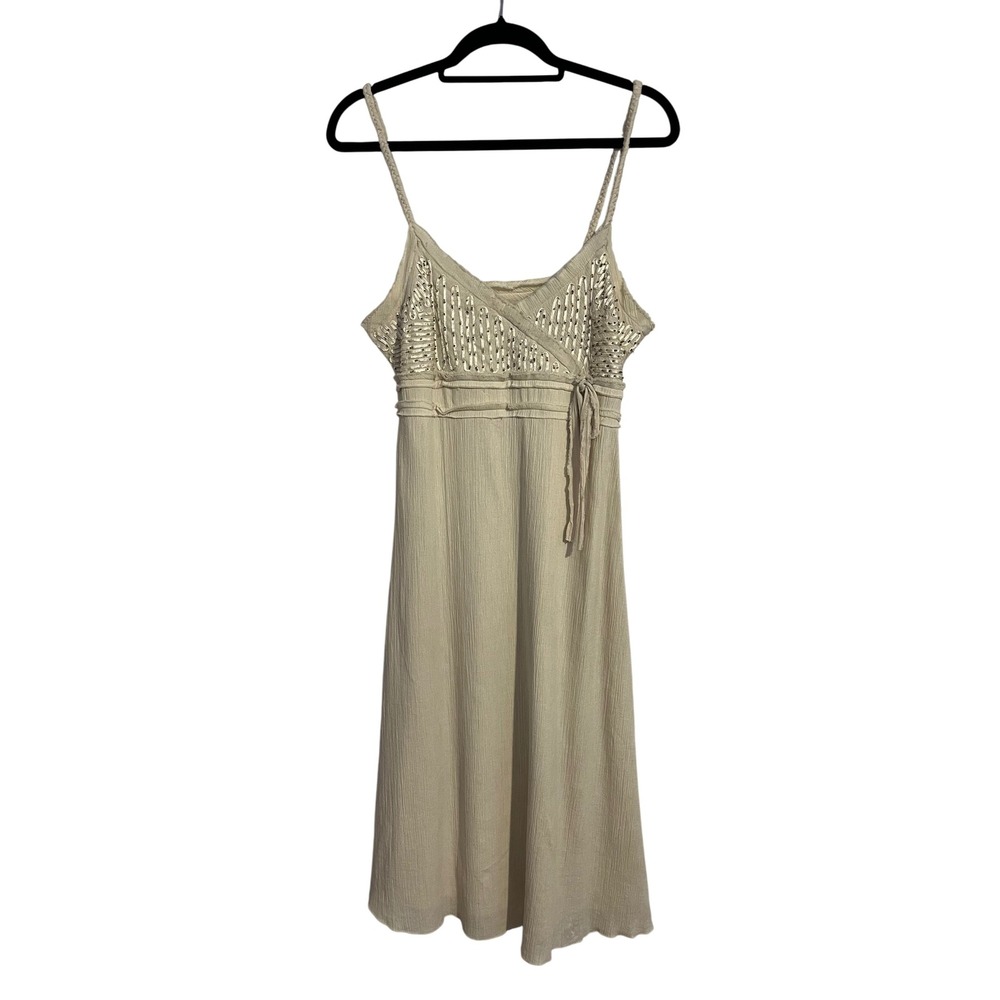 VTG Y2K Old Navy Cream Beaded Neutral Braided Faux Wrap Midi Dress Size 8 Medium
